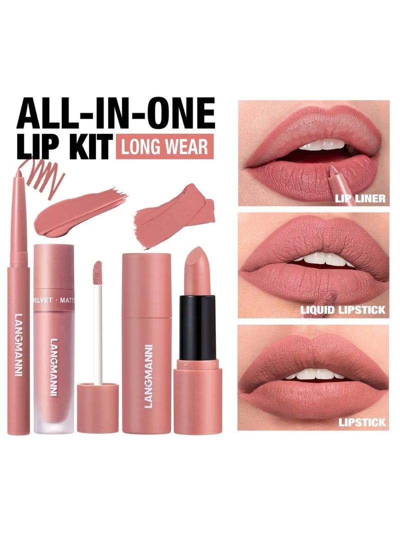LANGMANNI - 3 in 1 Matte Soft Lip Set Lip Liner Liquid Lip Gloss and Lipstick Combo Set Soft Smooth Natural Lip Contour Set Waterproof and Long Lasting Effect All in One Lip Makeup Gift Set 04 - Image 1