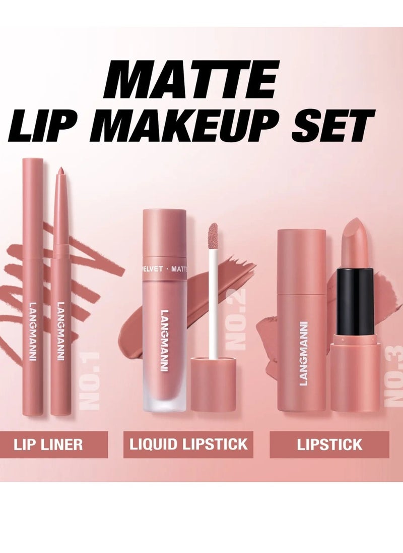LANGMANNI - 3 in 1 Matte Soft Lip Set Lip Liner Liquid Lip Gloss and Lipstick Combo Set Soft Smooth Natural Lip Contour Set Waterproof and Long Lasting Effect All in One Lip Makeup Gift Set 04 - Image 1