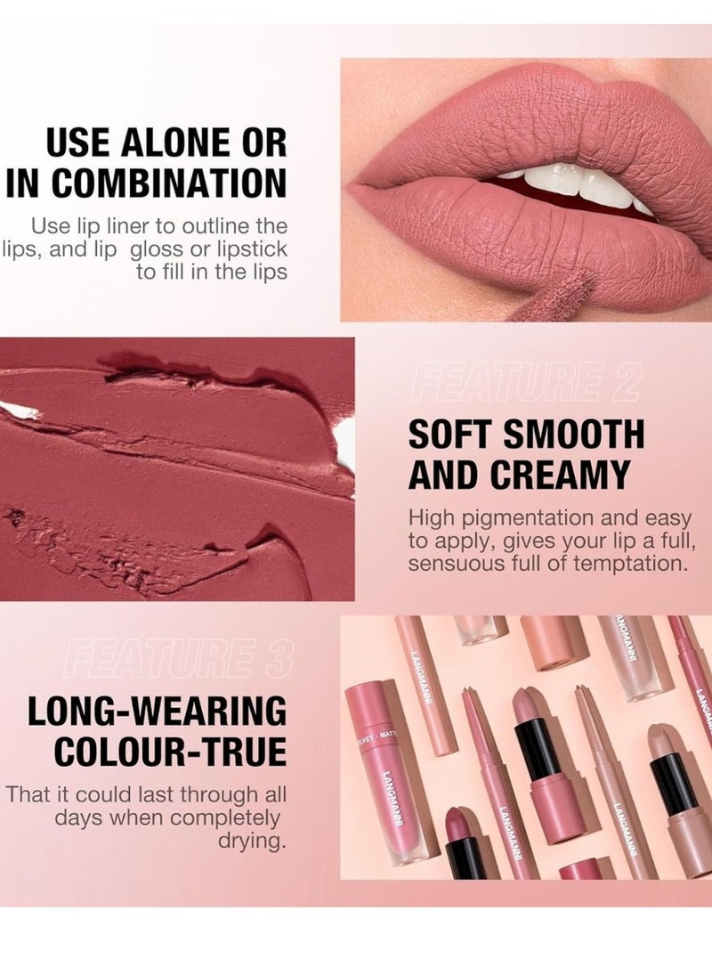 LANGMANNI - 3 in 1 Matte Soft Lip Set Lip Liner Liquid Lip Gloss and Lipstick Combo Set Soft Smooth Natural Lip Contour Set Waterproof and Long Lasting Effect All in One Lip Makeup Gift Set 04 - Image 1
