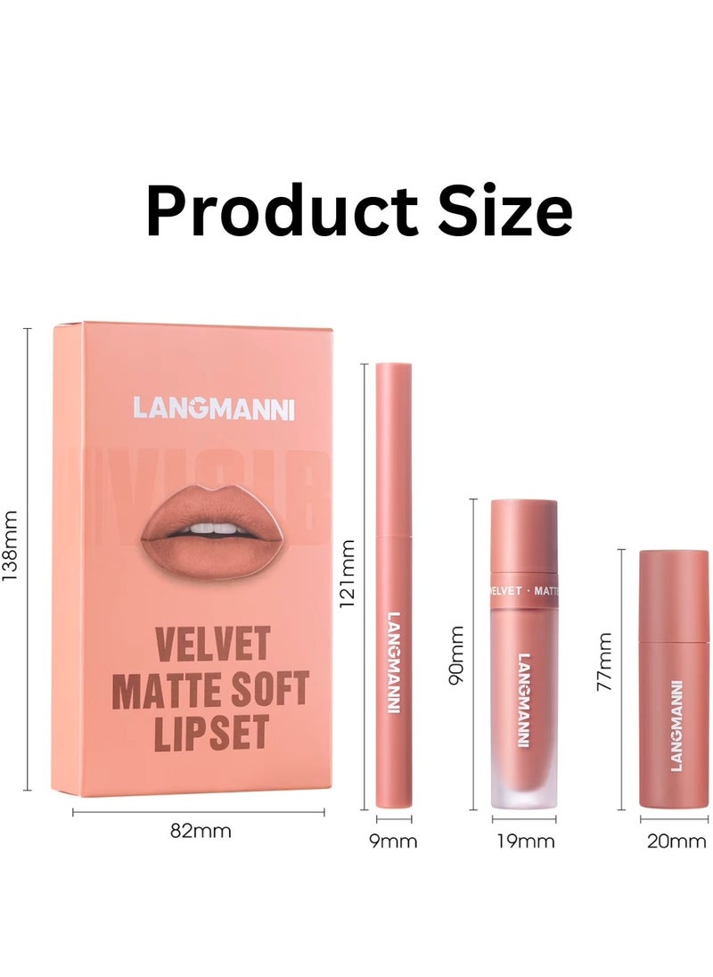LANGMANNI - 3 in 1 Matte Soft Lip Set Lip Liner Liquid Lip Gloss and Lipstick Combo Set Soft Smooth Natural Lip Contour Set Waterproof and Long Lasting Effect All in One Lip Makeup Gift Set 04 - Image 1