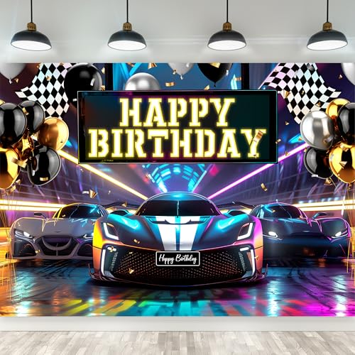 Riyidecor Racing Car Happy Birthday Backdrop Black White Plaid Flag Cool Neon Bday Cartoon 7Wx5H Feet Polyester Fabric for Men Boys Photography Background Bday Table Decor Banner Studio Photo Shoot - Image 1