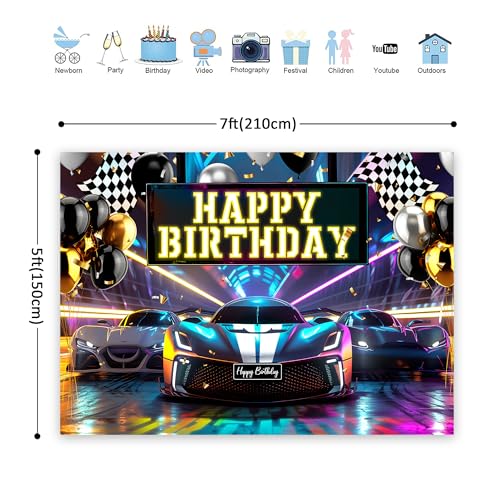 Riyidecor Racing Car Happy Birthday Backdrop Black White Plaid Flag Cool Neon Bday Cartoon 7Wx5H Feet Polyester Fabric for Men Boys Photography Background Bday Table Decor Banner Studio Photo Shoot - Image 3