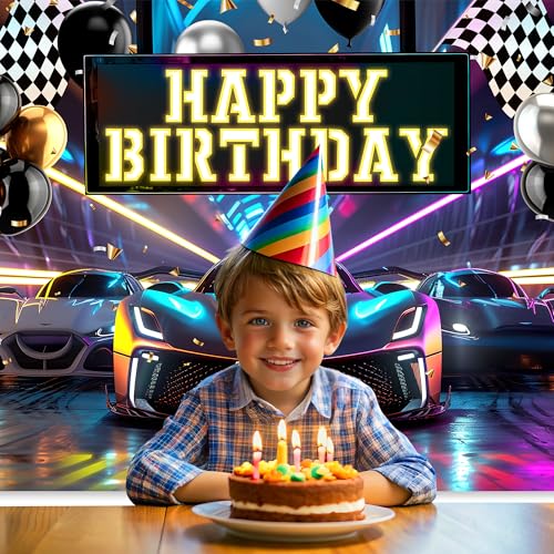 Riyidecor Racing Car Happy Birthday Backdrop Black White Plaid Flag Cool Neon Bday Cartoon 7Wx5H Feet Polyester Fabric for Men Boys Photography Background Bday Table Decor Banner Studio Photo Shoot - Image 4