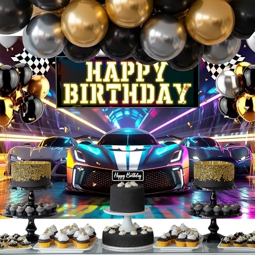 Riyidecor Racing Car Happy Birthday Backdrop Black White Plaid Flag Cool Neon Bday Cartoon 7Wx5H Feet Polyester Fabric for Men Boys Photography Background Bday Table Decor Banner Studio Photo Shoot - Image 5