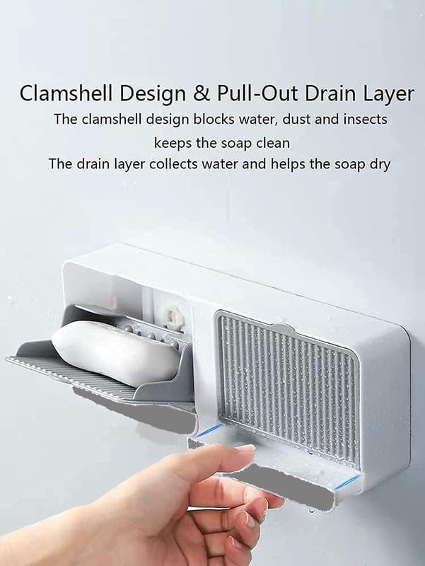 Feinerman Plastic Wall Mounted Double Bar Soap Box with Lid and Drain Tray - Bathroom Soap Holder with Two Grids, No Drilling Required, Draining Rack for Toilet, Kitchen Sink, or Shower (Grey) - Image 5