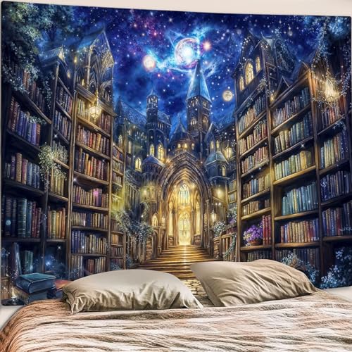 Accnicc Fantasy Bookshelf Tapestry Space Library Tapestries Wall Hanging Gothic Galaxy Castle Magic Book Large Tapestry for Bedroom Living Room Dorm Classroom 80 x 60 inch - Image 3