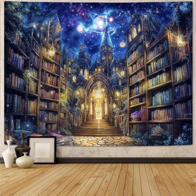 Accnicc Fantasy Bookshelf Tapestry Space Library Tapestries Wall Hanging Gothic Galaxy Castle Magic Book Large Tapestry for Bedroom Living Room Dorm Classroom 80 x 60 inch - Image 2