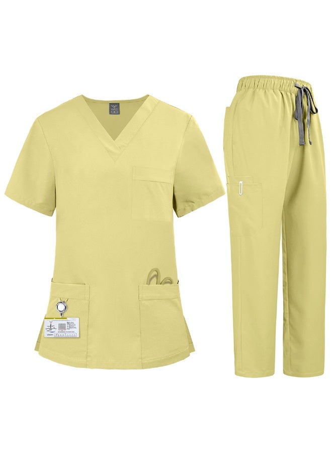 NIBEMINENT Women'S Nurse Uniform Quick-Drying Fabric Solid Color V-Neck Pocket Short-Sleeved Trousers Suit Nursing Uniform Suit - Image 1