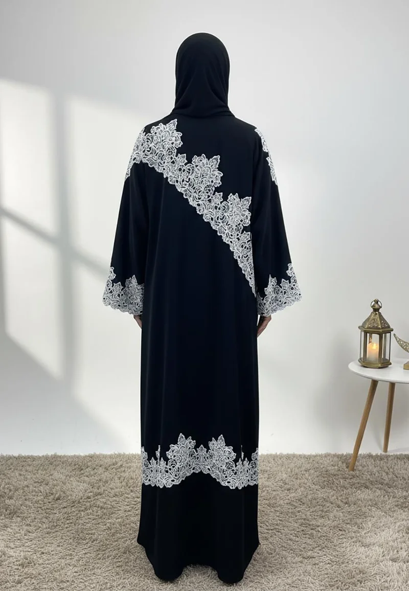 Nukhbaa  Black Contrast Lace Abaya-857 for Women | Best Price UAE