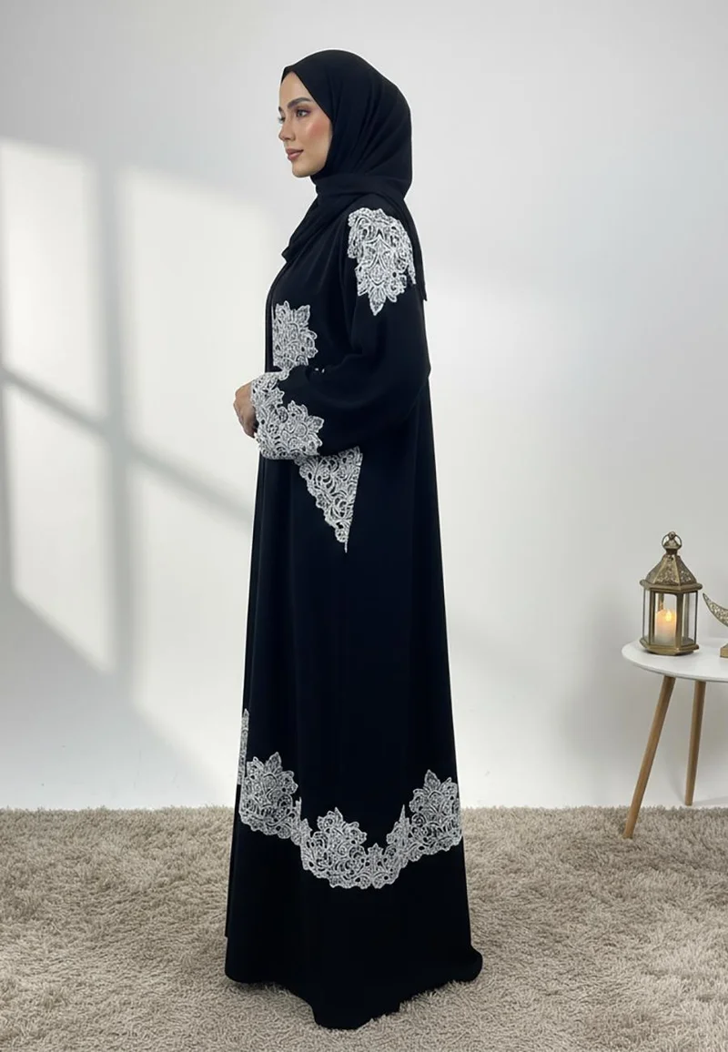 Nukhbaa  Black Contrast Lace Abaya-857 for Women | Best Price UAE