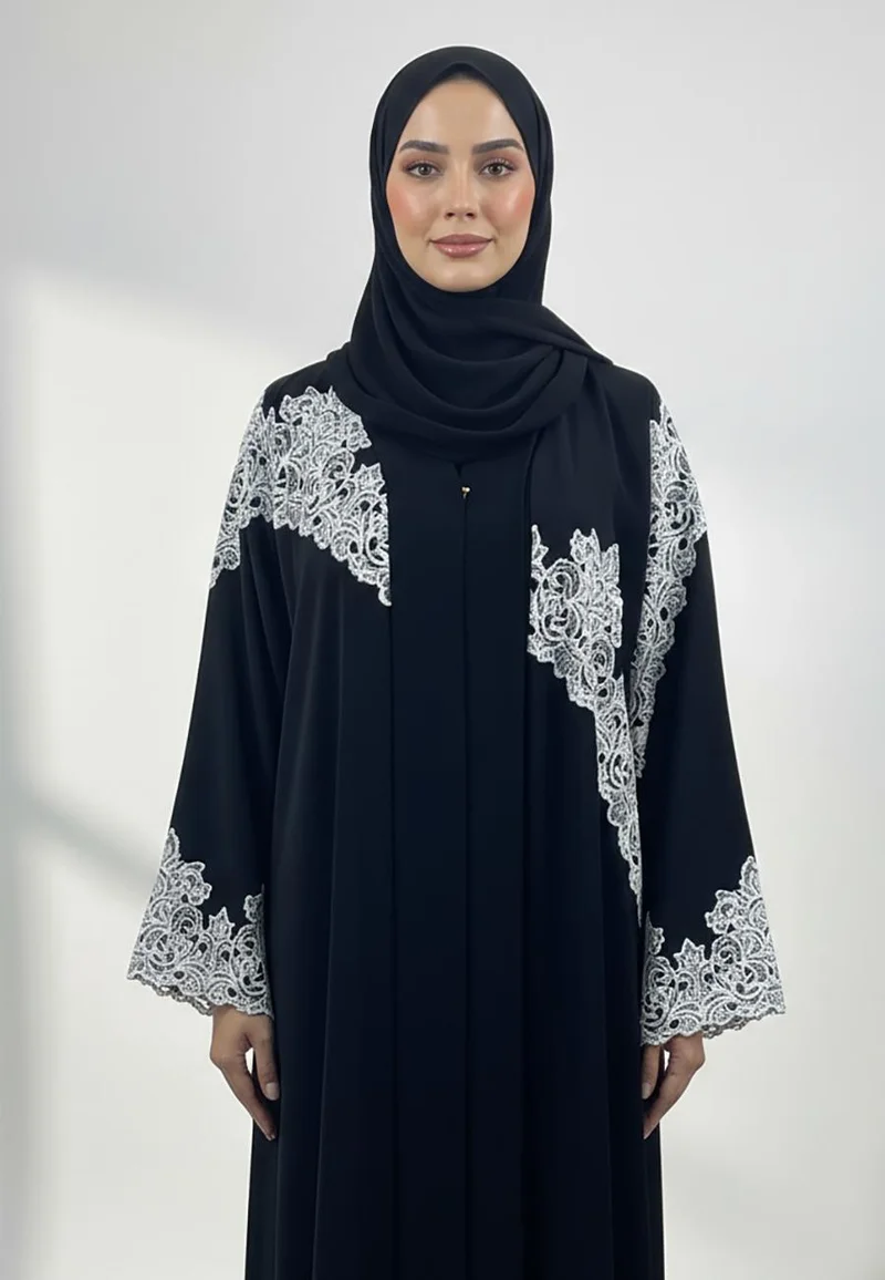 NUKHBAA Black Contrast Lace Abaya-857