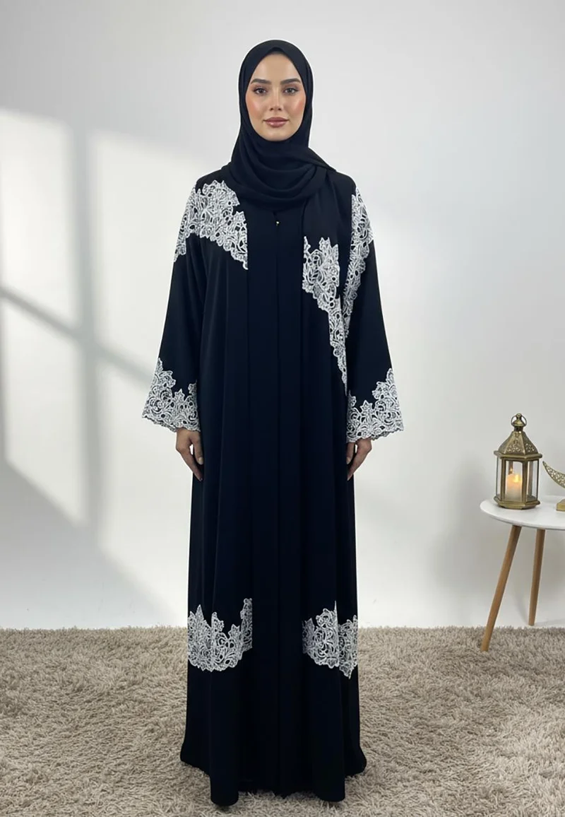 Black Contrast Lace Abaya-857