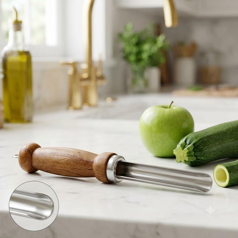Premium Smooth-Blade Wooden Handle Vegetable Corer (23 cm) | Professional Stainless Steel Zucchini & Eggplant Deseeder | Traditional Heavy-Duty Mahshi Scraper with Polished Rounded Tip - Image 1