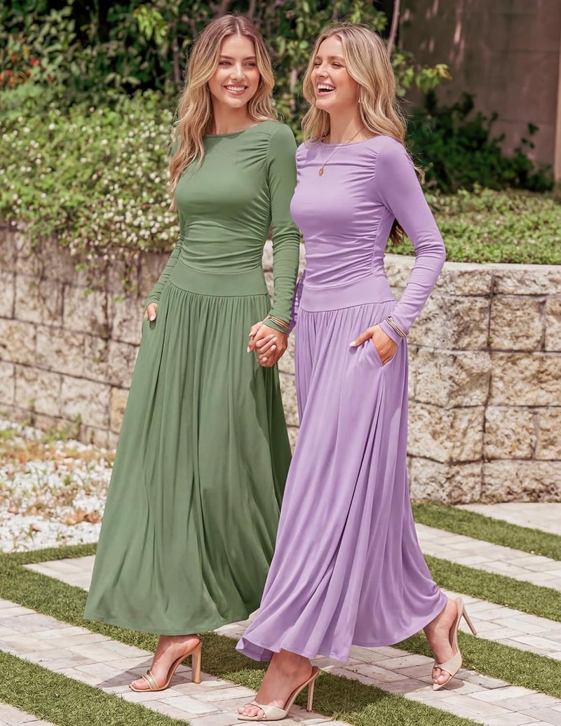 Women's Long Sleeve Maxi Dress with Pockets - Bean Green - Image 2