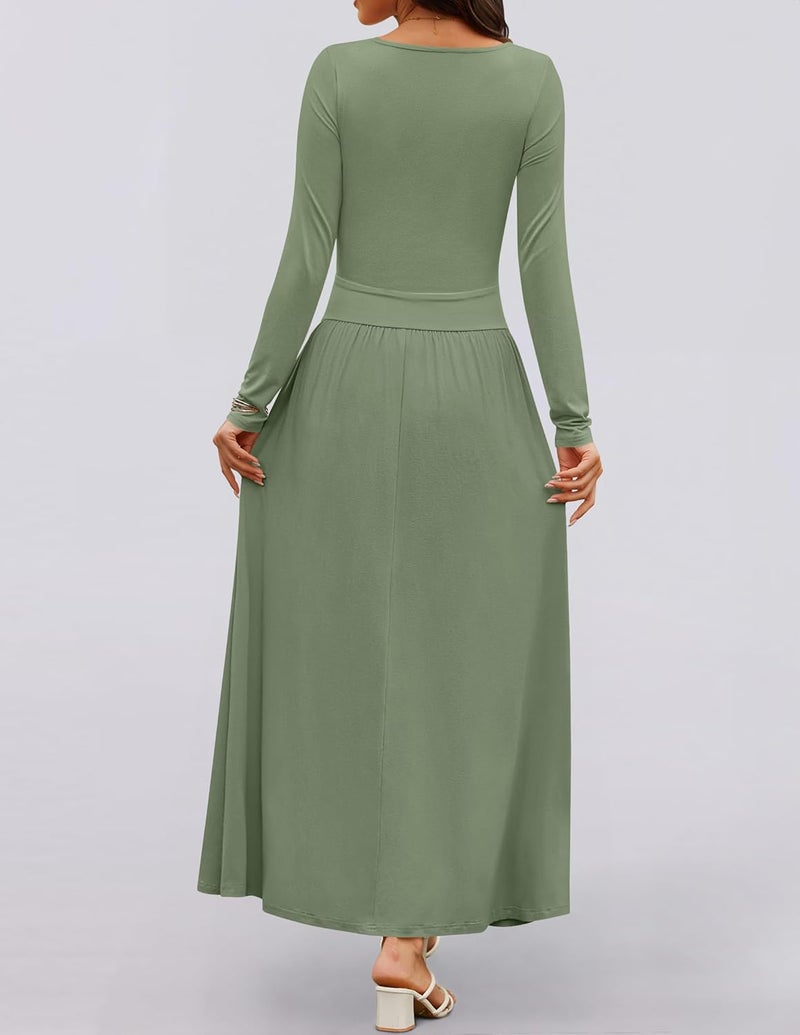 Women's Long Sleeve Maxi Dress with Pockets - Bean Green - Image 4