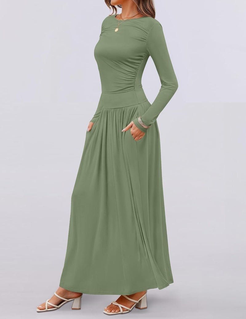 Women's Long Sleeve Maxi Dress with Pockets - Bean Green - Image 5