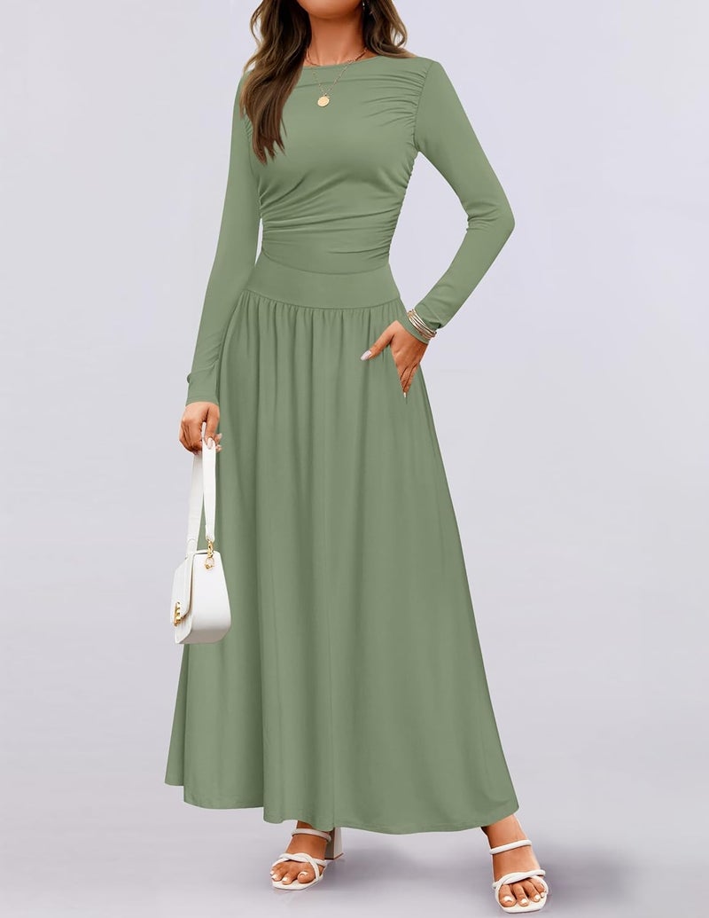Women's Long Sleeve Maxi Dress with Pockets - Bean Green - Image 3