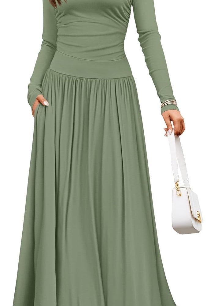 Women's Long Sleeve Maxi Dress with Pockets - Bean Green - Image 1