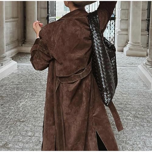 utcoco Womens Faux Suede Long Trench Coat Notched Lapel Double Breasted Pea Coat Overcoat with Belt (Medium, Brown) - Image 3