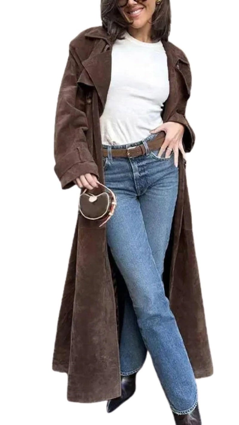 utcoco Womens Faux Suede Long Trench Coat Notched Lapel Double Breasted Pea Coat Overcoat with Belt (Medium, Brown) - Image 1