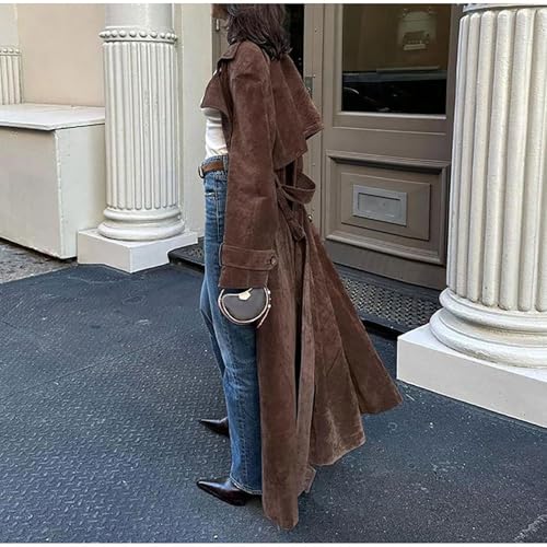 utcoco Womens Faux Suede Long Trench Coat Notched Lapel Double Breasted Pea Coat Overcoat with Belt (Medium, Brown) - Image 2