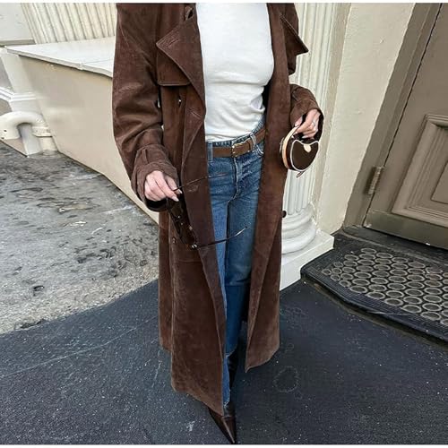 utcoco Womens Faux Suede Long Trench Coat Notched Lapel Double Breasted Pea Coat Overcoat with Belt (Medium, Brown) - Image 4