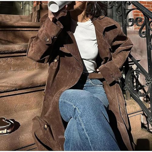 utcoco Womens Faux Suede Long Trench Coat Notched Lapel Double Breasted Pea Coat Overcoat with Belt (Medium, Brown) - Image 5