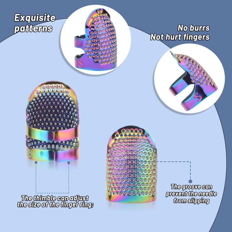 Yizzvb 8 Pcs Sewing Thimbles, Sewing Thimble Finger Protector, Fingertip Thimble Metal Dazzle Color Adjustable Metal Sewing Thimble Rings, Sewing Quilting Craft Accessories DIY Sewing Tools (2 Sizes, S/M) - Image 5