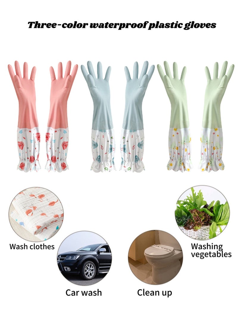 Baraka Three-Pair Set Thickened Kitchen Household Cleaning Rubber Gloves, Reusable Long Cuff Waterproof Rubber Gloves, Suitable For Laundry, Cleaning, Work, Gardening - Pink/Green/Blue. - Image 1