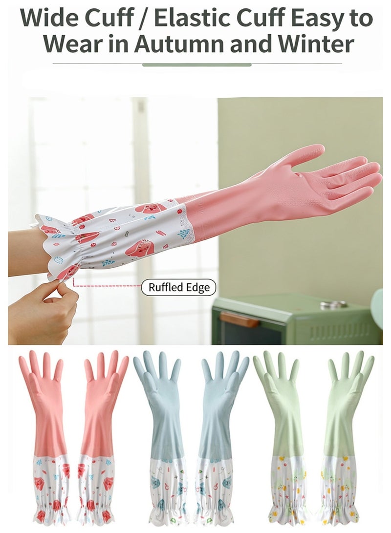 Baraka Three-Pair Set Thickened Kitchen Household Cleaning Rubber Gloves, Reusable Long Cuff Waterproof Rubber Gloves, Suitable For Laundry, Cleaning, Work, Gardening - Pink/Green/Blue. - Image 5