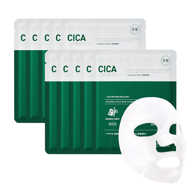 Cica Peptide Mask Cellulose Bamboo Sheet for Soothing Relief Skin Elasticity  Hydration Korean Skincare 10 Pack