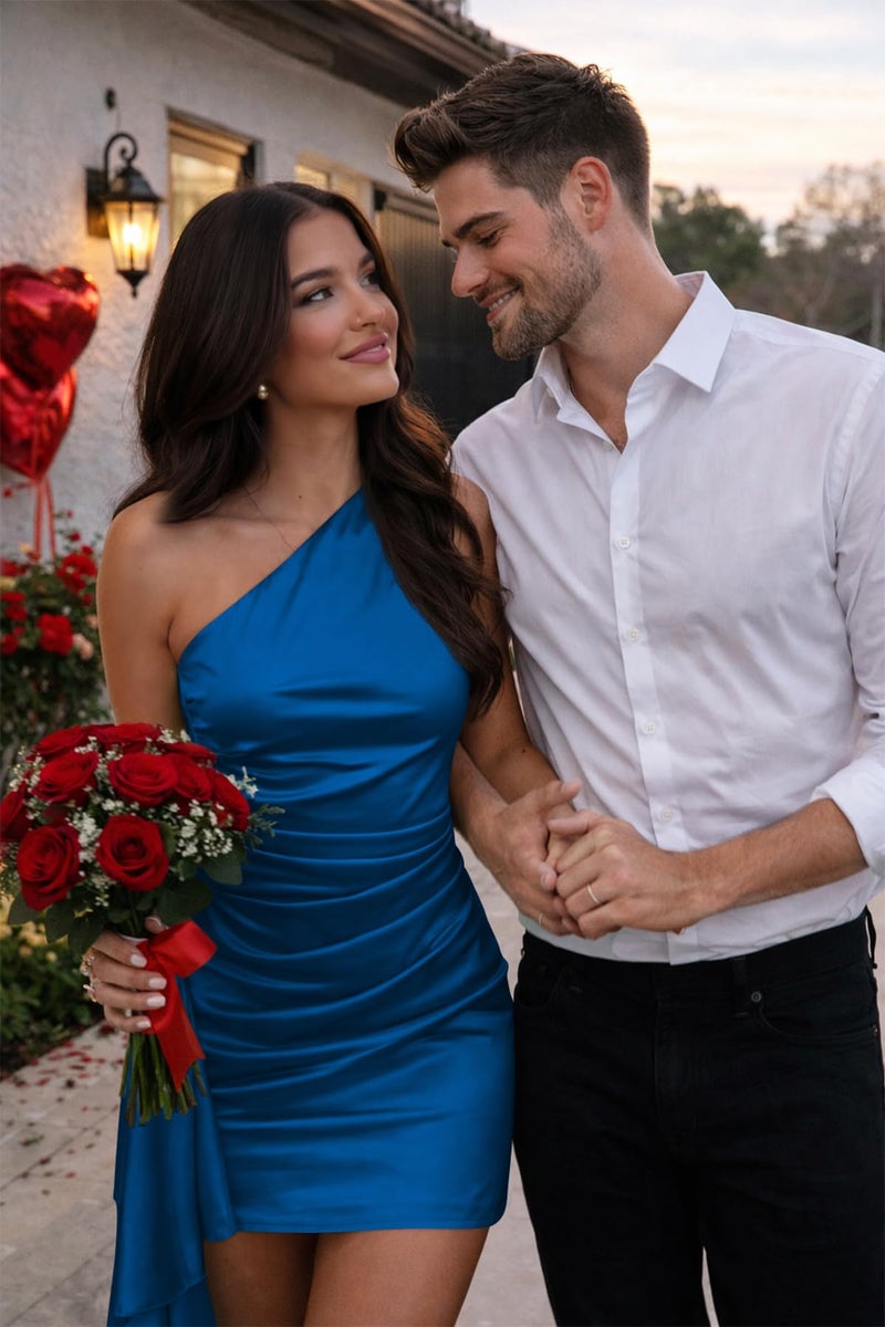 Memoriesea Women's Satin One Shoulder Ruched Bodycon Sleeveless Mini Club Party Dress Deep Blue - Image 2