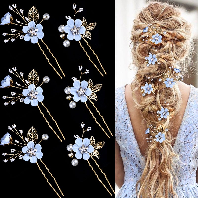 LAPOHI 6 Pieces Bridal Flower Wedding Hair Pins Crystal Pearl Hair Pins Clips Headpiece Gold Wedding Hair Accessories Jewelry with Rhinestone for Brides Bridesmaids Women Girls Updo Special Cream Blue
