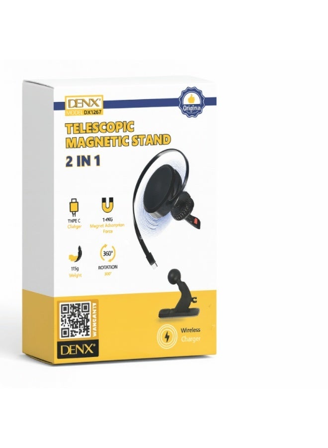 Denx Telescopic magnetic phone holder with 1.4 kg suction, 360-degree rotation, wireless charger, Type-C input - Image 2