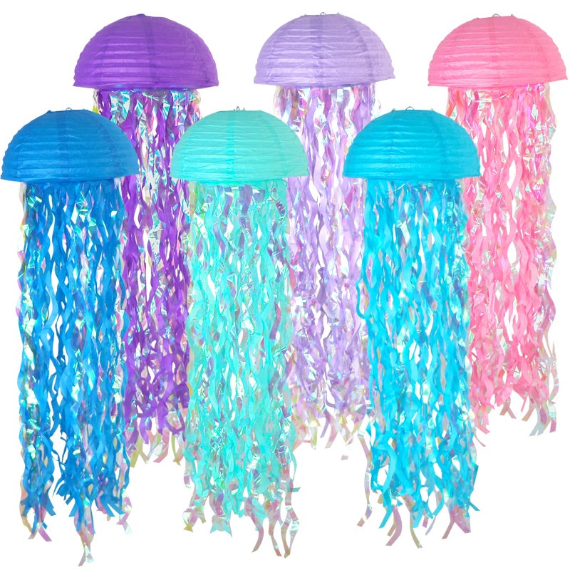 6 Packs Jellyfish Paper Lanterns Hanging Mermaid Wishes Lantern Ocean Theme Party Supplies Great for Kids Birthday Decors Baby Shower Baby Room Half Round Pink Blue Purple