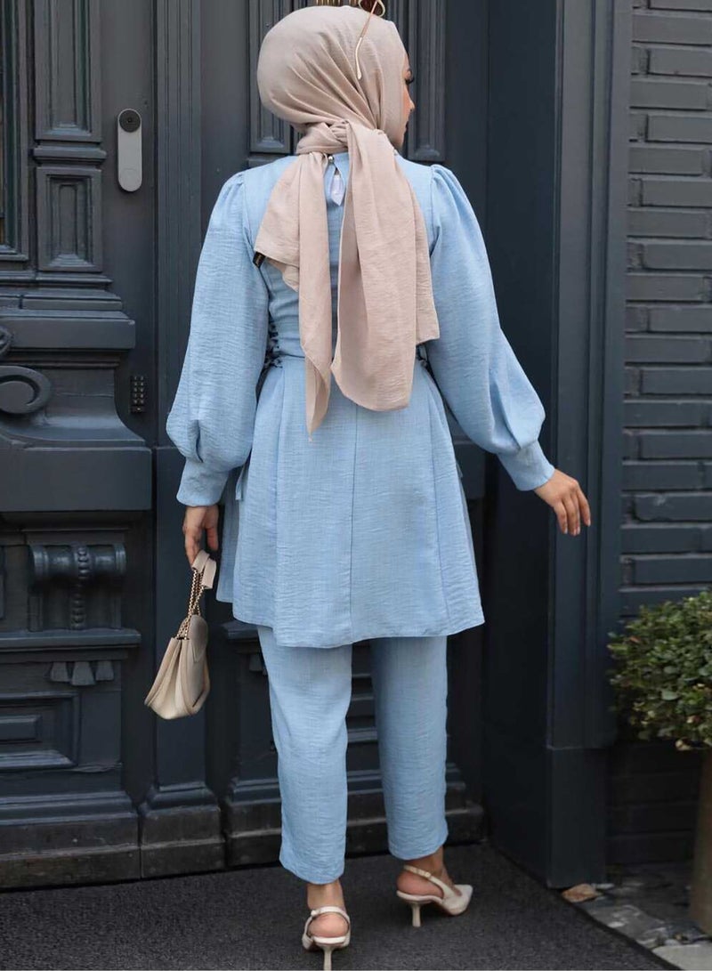 Elegant Middle Eastern Style Muslim Women's Casual Set - Trendy Lantern Sleeve Design with Stylish Side Tie Details, Perfect for Everyday Chic and Comfort  - Image 2