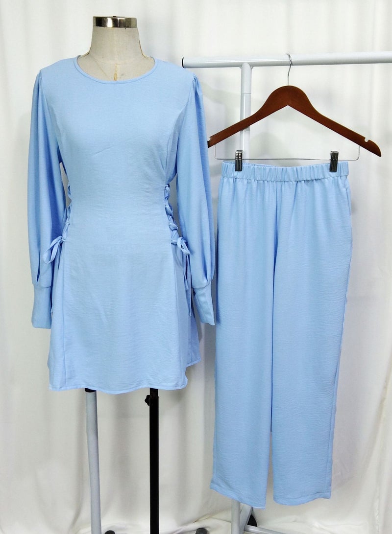 Elegant Middle Eastern Style Muslim Women's Casual Set - Trendy Lantern Sleeve Design with Stylish Side Tie Details, Perfect for Everyday Chic and Comfort  - Image 3