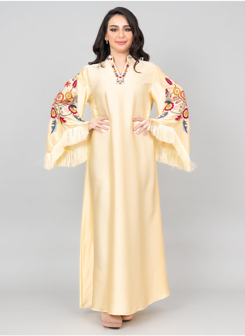 IKKXA Shimmer Detail Sleeves Embroidered Jalabiya IK1018 Yellow  - Image 1