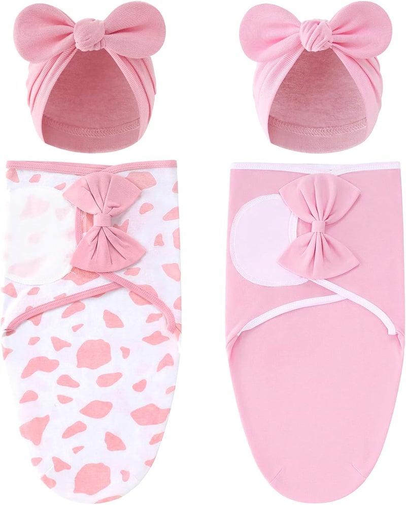 Cinaci 2 Pack Adjustable Soft Cotton Blend Newborn Baby Receiving Swaddle Blankets Sleep Sacks with Big Bow Hats Caps Beanies Bonnets for Baby Girls Newborns Infants (White Pink+Pink) - Image 1