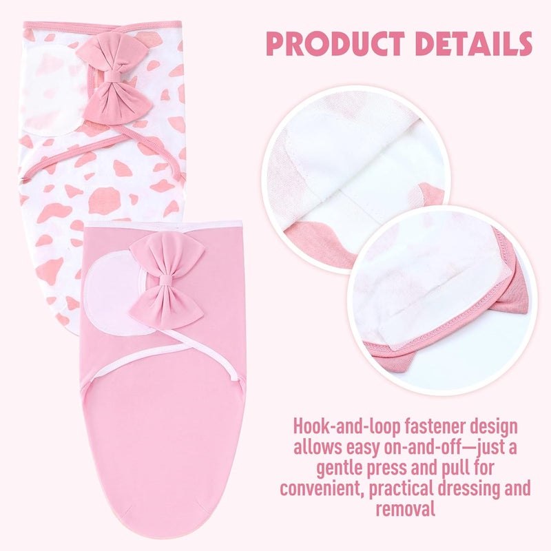 Cinaci 2 Pack Adjustable Soft Cotton Blend Newborn Baby Receiving Swaddle Blankets Sleep Sacks with Big Bow Hats Caps Beanies Bonnets for Baby Girls Newborns Infants (White Pink+Pink) - Image 4