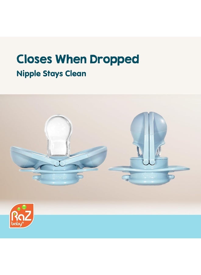 RaZbaby Keep-It-Kleen Baby Pacifier 2-Pack Closes When Dropped - BPA-Free Silicone Orthodontic Nipple, Ideal for Travel, Nipple Stays Clean, 0-36 Months - Monkey/Elephant Design - Image 2