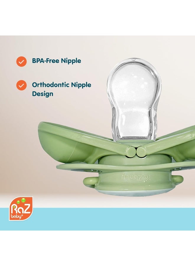 RaZbaby Keep-It-Kleen Baby Pacifier 2-Pack Closes When Dropped - BPA-Free Silicone Orthodontic Nipple, Ideal for Travel, Nipple Stays Clean, 0-36 Months - Monkey/Elephant Design - Image 4