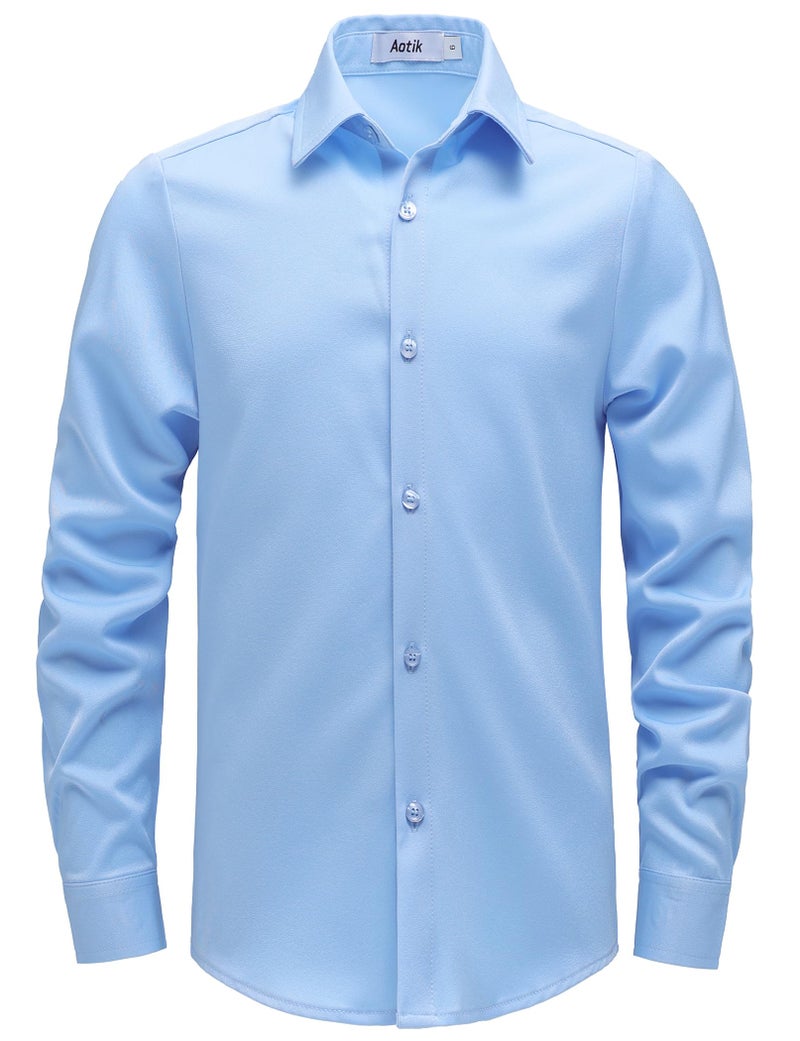 AOTIK Boys Stretch Wrinkle Free Dress Shirts Button Down Shirt Long Sleeve Formal School Uniform Shirts 12 Light Blue - Image 1