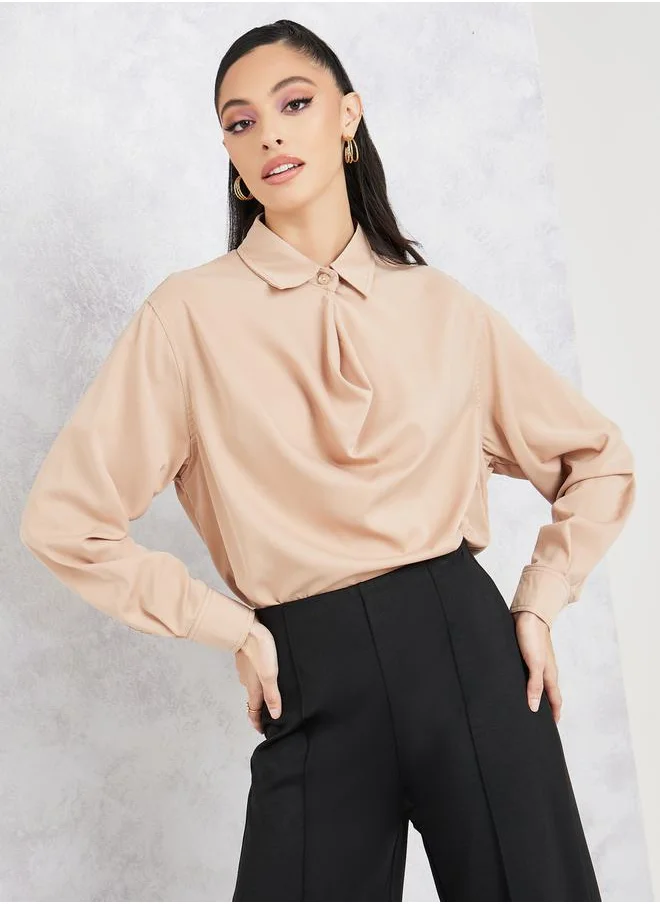 ستايلي Cowl Neck Long Sleeves Collared Blouse