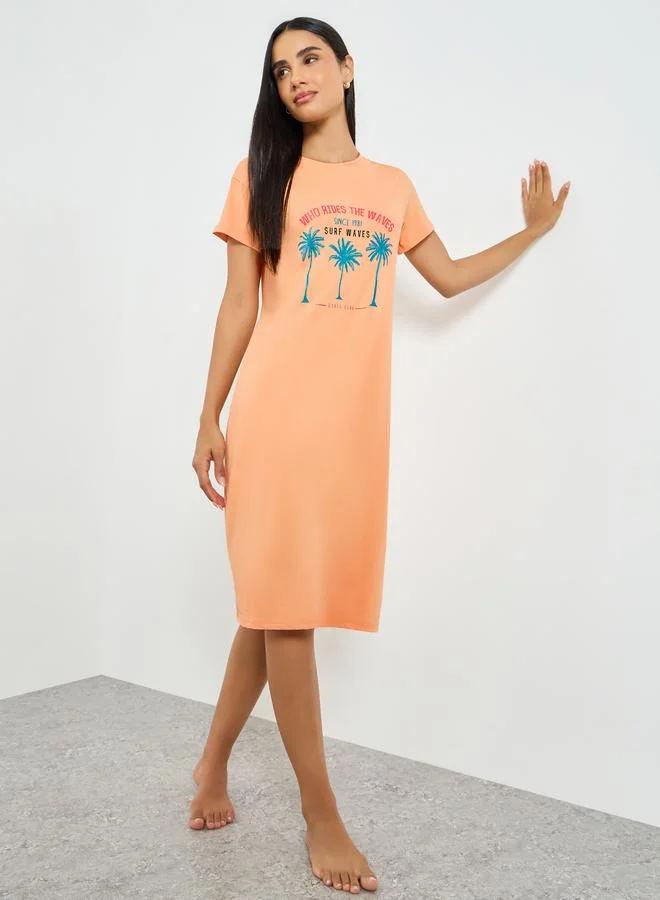 تايك تو Orange Palm Print T-Shirt Dress