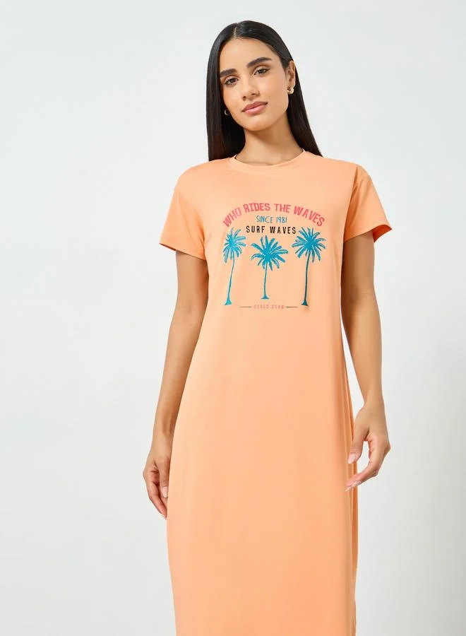 تايك تو Orange Palm Print T-Shirt Dress