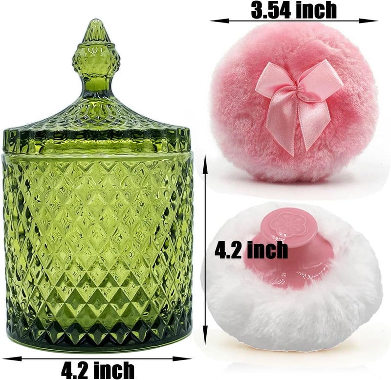 Multiple options Luxury 4.2 Inch Glass Powder Container with 2 Plush Puffs｜Body Powder Puff with Jar (Pointed Cylinder-Olive Green-Large) Practical build - Image 2