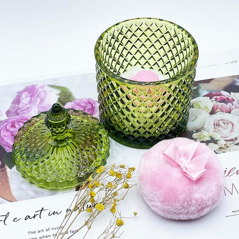 Multiple options Luxury 4.2 Inch Glass Powder Container with 2 Plush Puffs｜Body Powder Puff with Jar (Pointed Cylinder-Olive Green-Large) Practical build - Image 3
