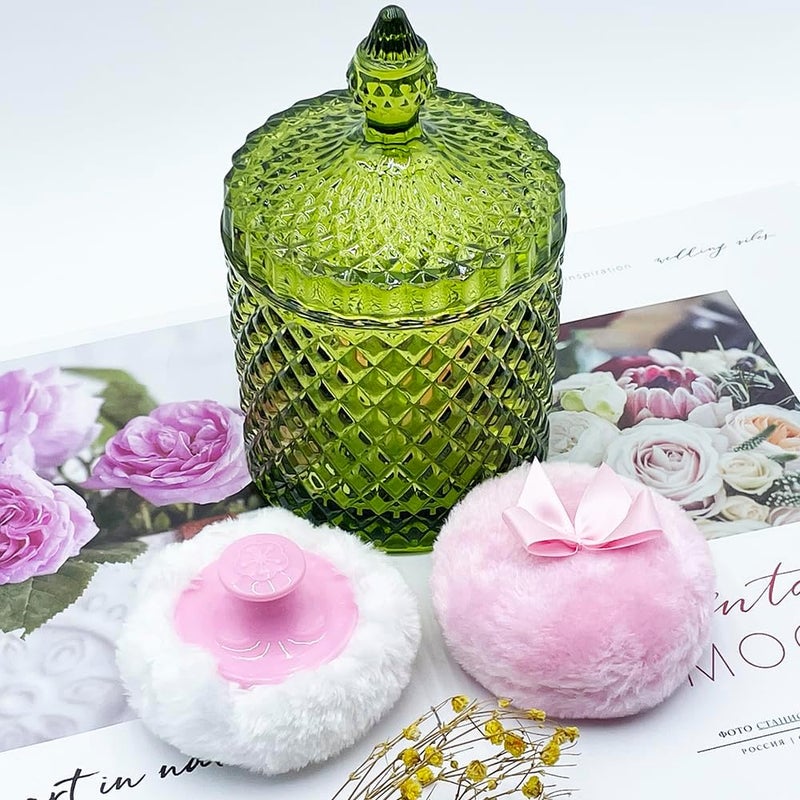 Multiple options Luxury 4.2 Inch Glass Powder Container with 2 Plush Puffs｜Body Powder Puff with Jar (Pointed Cylinder-Olive Green-Large) Practical build - Image 4