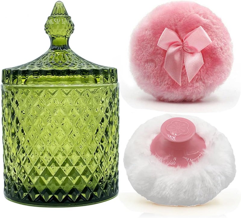 Multiple options Luxury 4.2 Inch Glass Powder Container with 2 Plush Puffs｜Body Powder Puff with Jar (Pointed Cylinder-Olive Green-Large) Practical build - Image 1